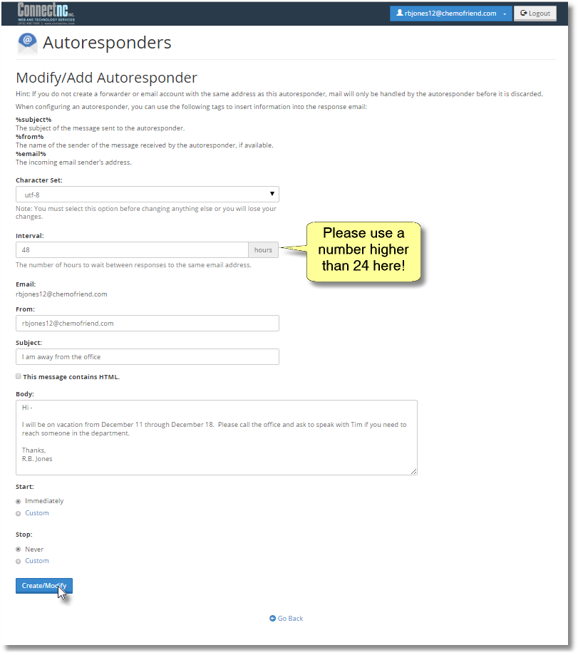 Autoresponder details