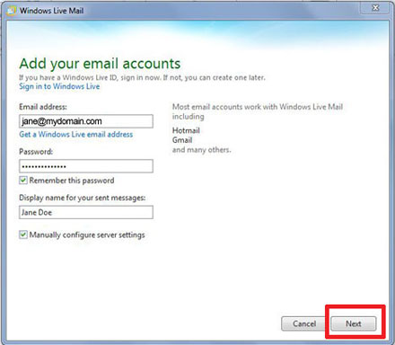 Configure Windows Live Mail for your hosting account step 1