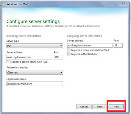 Configure Windows Live Mail for your hosting account step 1