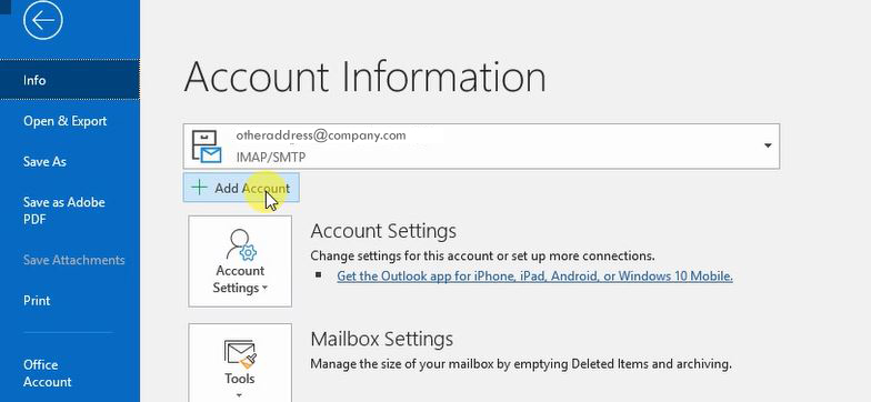 Click the Add Account button in Outlook
