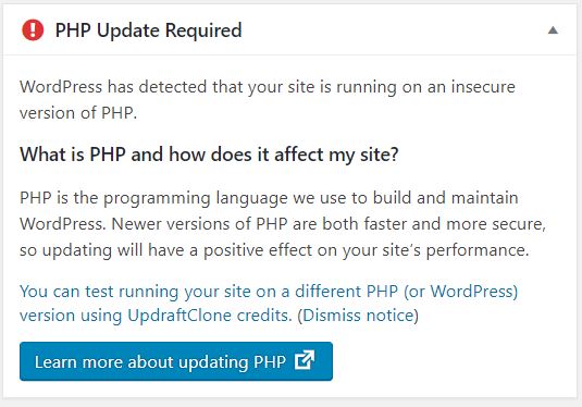 Image of a PHP update warning displayed by WordPress